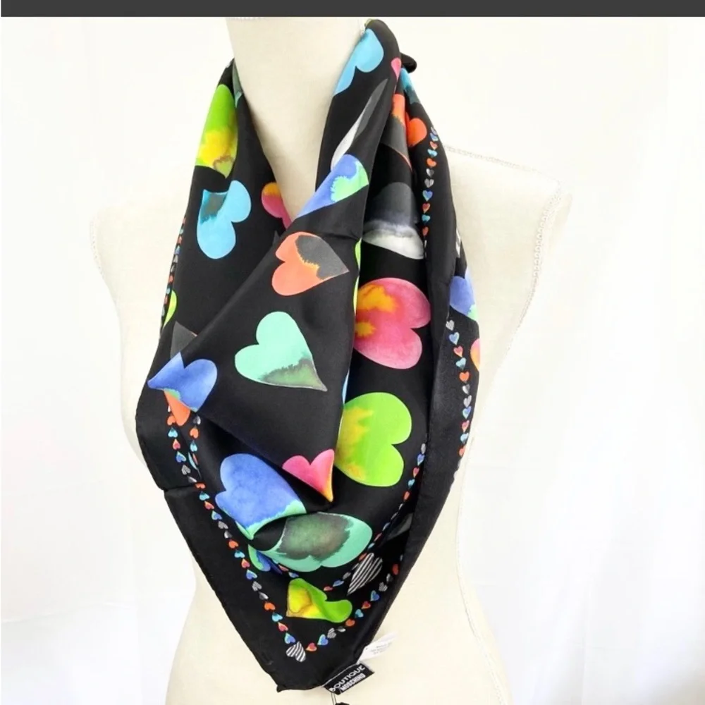 NEW MOSCHINO 100% Silk Scarf Black/Multi Heart Print,Hand rollIed, Italy…
